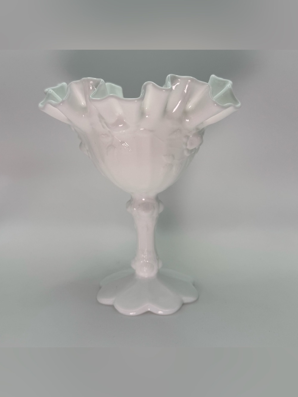 Vintage Fenton Milk Glass Ruffled Pedestal Compote Floral White USA